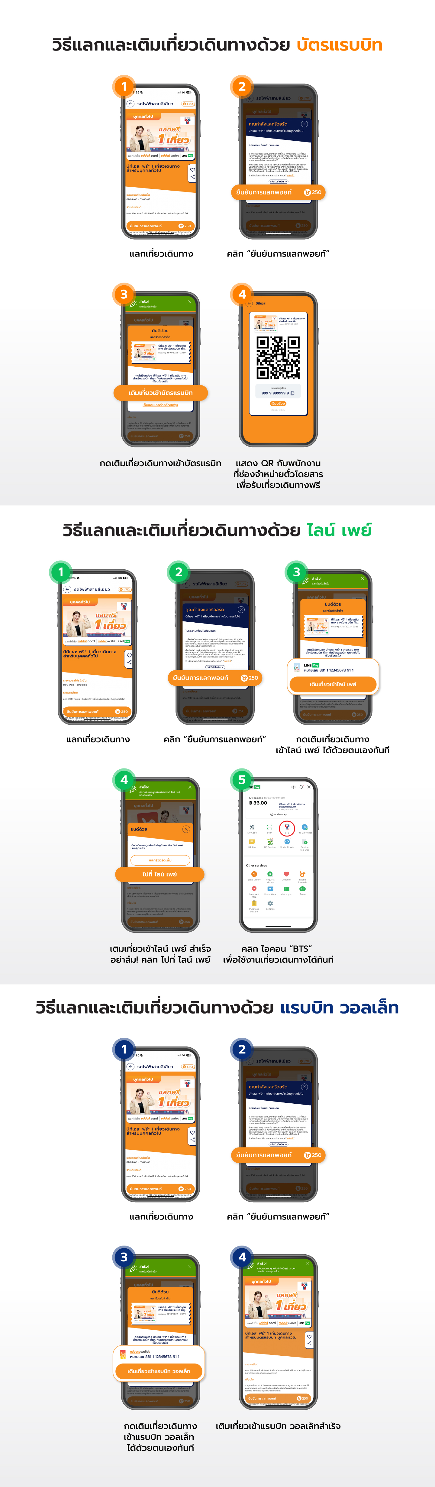 วิธีแลก และ เติมเที่ยวเดินทางด้วยบัตรแรบบิท 1.เลือกคูปองเที่ยวเดินทางฟรีที่ต้องการแลก กด 'ยืนยันการแลกพอยท์' 2.ยินดีด้วยคูปองเที่ยวเดินทางฟรี* อยู่ในบัญชีของคุณแล้ว 3.คูปองจะอยู่ในเมนู My Wallet กด ใช้คูปอง 4.แสดงคูปองผ่าน QR Code กับพนักงานที่ห้องจำหน่ายตั๋วโดยสารเพื่อรับเที่ยวเดินทางฟรี* | วิธีเติมเที่ยวเดินทางด้วย ไลน์เพย์ 1.เลือกคูปองเที่ยวเดินทางฟรี* ที่ต้องการแลก กด 'ยืนยันการแลกพอยท์' 2.เที่ยวเดินทางฟรีจะถูกเติมเข้าบัตร LINE Pay อัตโนมัติ 3.เปิดแอปพลิเคชันด้วย LINE เพื่อเข้าบัญชี LINE Pay และ กดเลือกเมนู My pass ท่านสามารถใช้เที่ยวเดินทางฟรีได้ทันที